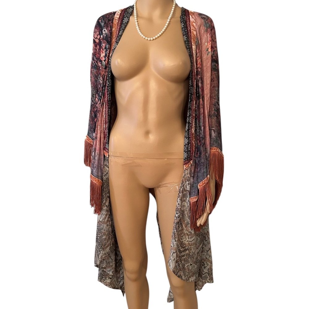 Ivy Jane Women’s Size Large Multicolor Pink Floral Long Cardigan Fringe Top - Picture 2 of 11